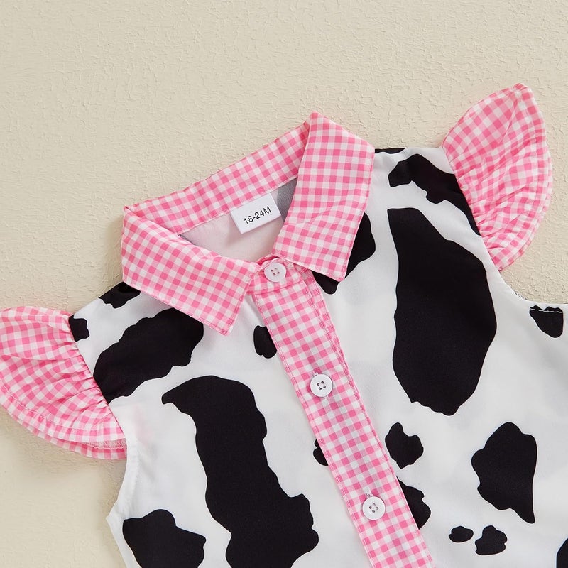Mialoley Store Toddler Girl Denim Western Outfit Baby Cowgirl Clothes Ruffle Cow Print Shirt Button Down Tops Belted Jeans Shorts - Image 4